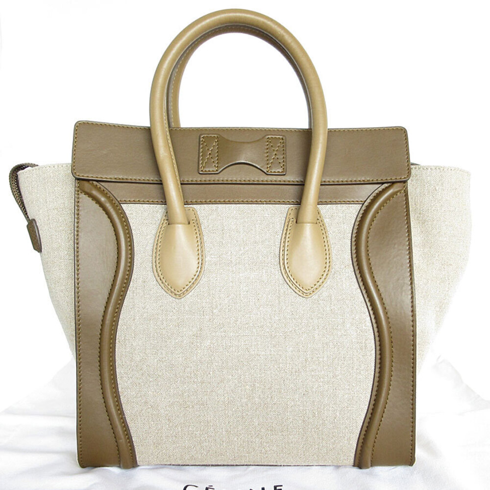 Celine Luggage Shopper Handbag Leather Canvas Khaki Green Brown Beige - Picture 2 of 4